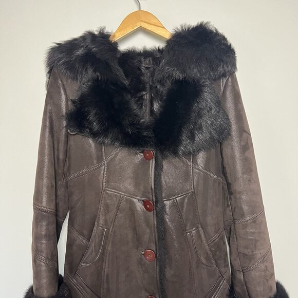 Women’s Real Shearling Hooded Coat sz S Penny Lane Jacket Patchwork Mob Wife - Picture 2 of 12